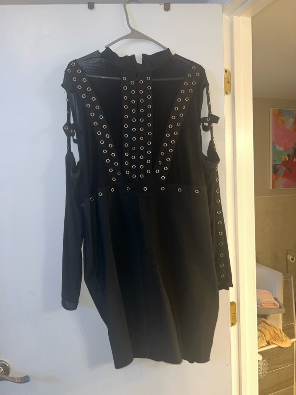 Boohoo Black Cold-Shoulder Eyelet Detail Long Sleeve body sheer top Dress